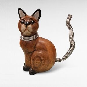 Wood Carved Cat Metal Collar and Tail Height 8"